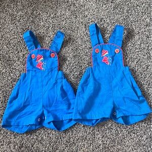 Vintage 70s/80s Firefighter Blue Overalls Red Accents Twins Matching Set of 2